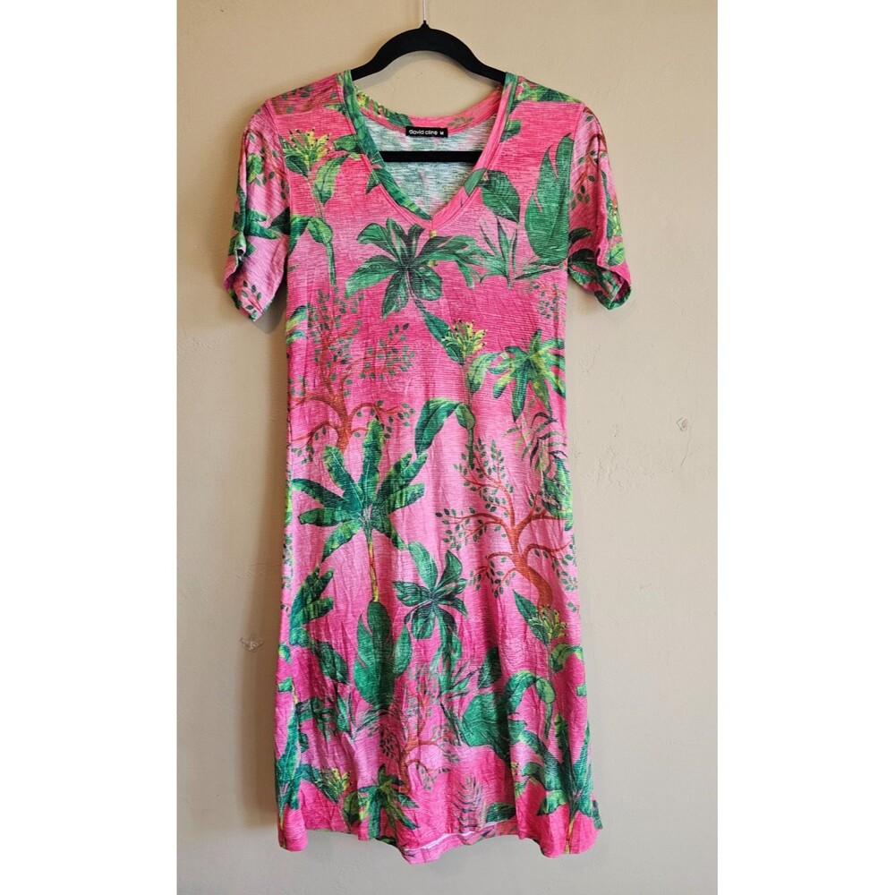 David Cline Womens M tropical Print Dress V Neck Crushed Travel Stretch